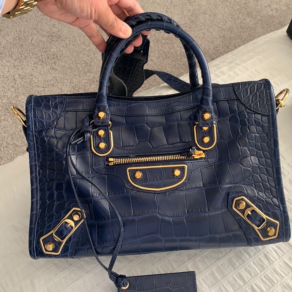 Auth Balenciaga small city in mock croc royal blue